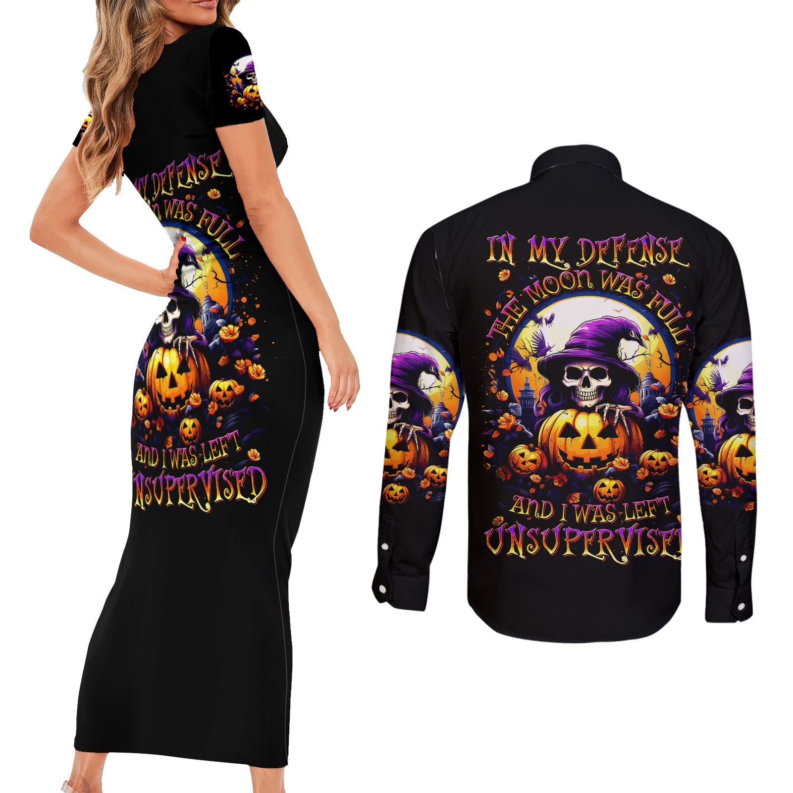 Pumpkin Witch Skull Couples Matching Short Sleeve Bodycon Dress and Long Sleeve Button Shirt In My Defense The Moon Was Full And I Was Left Unsupervided