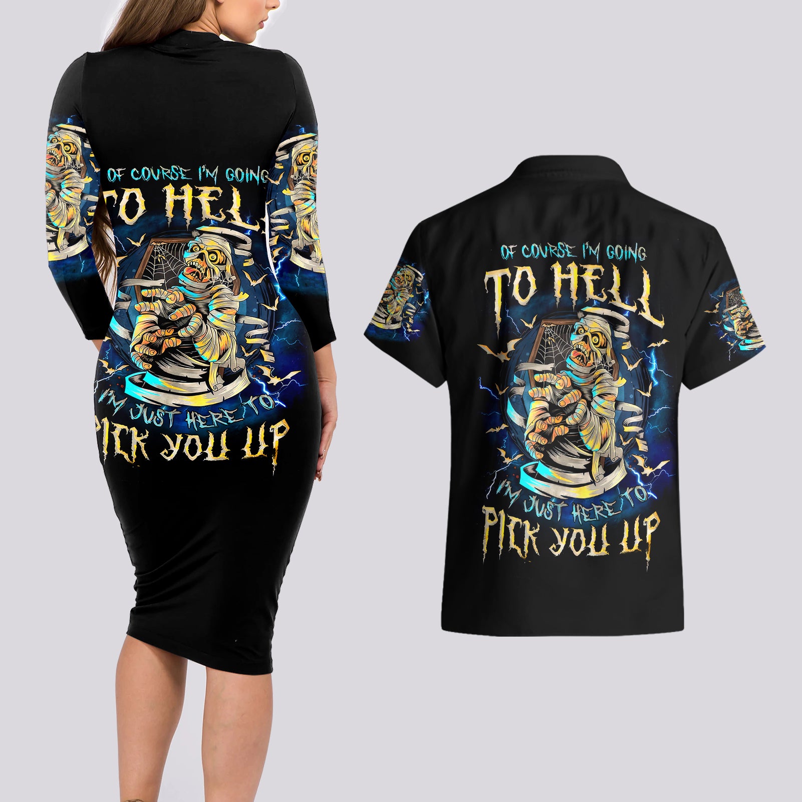 mummy-skull-couples-matching-long-sleeve-bodycon-dress-and-hawaiian-shirt-im-going-to-hell-to-pick-you-up