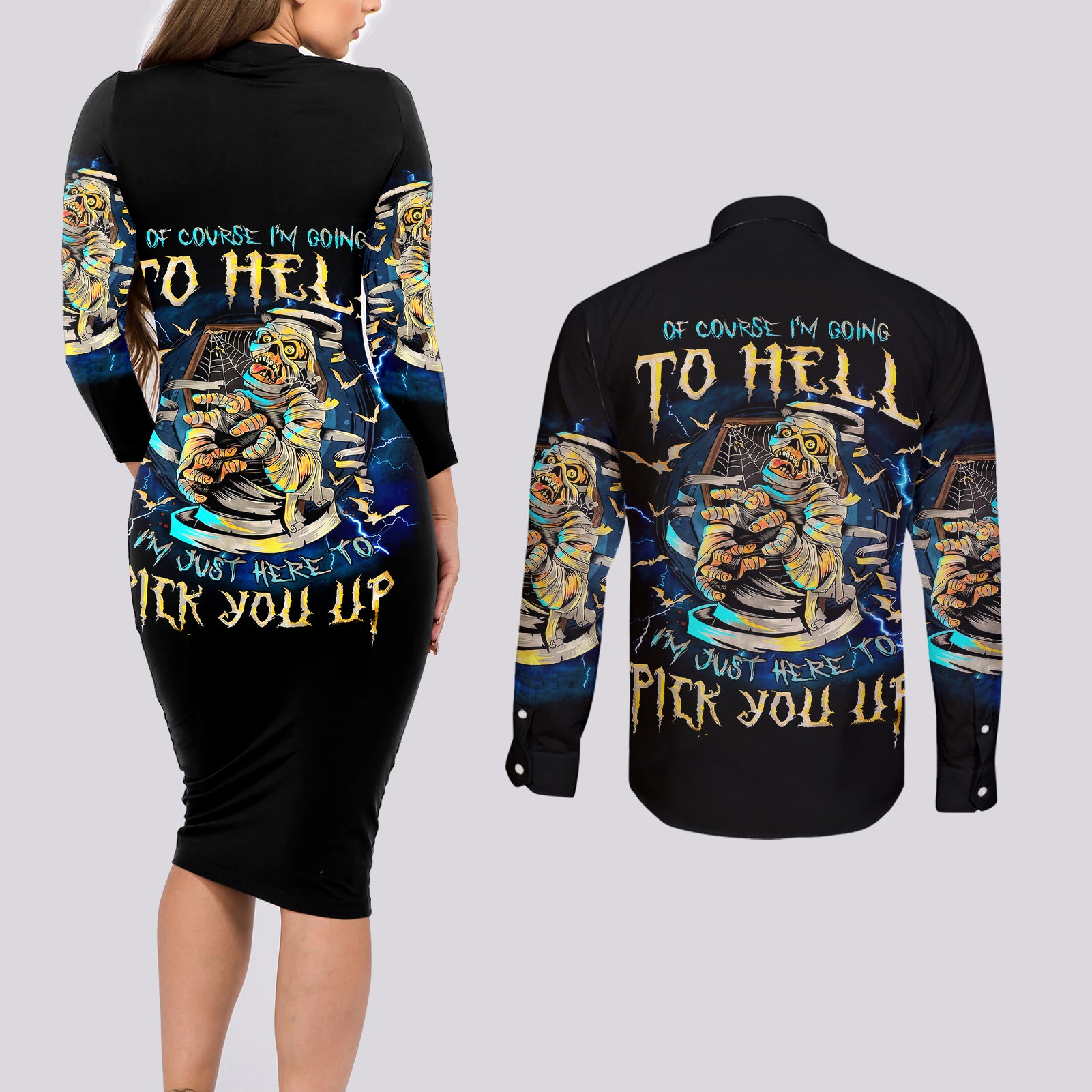 mummy-skull-couples-matching-long-sleeve-bodycon-dress-and-long-sleeve-button-shirts-im-going-to-hell-to-pick-you-up