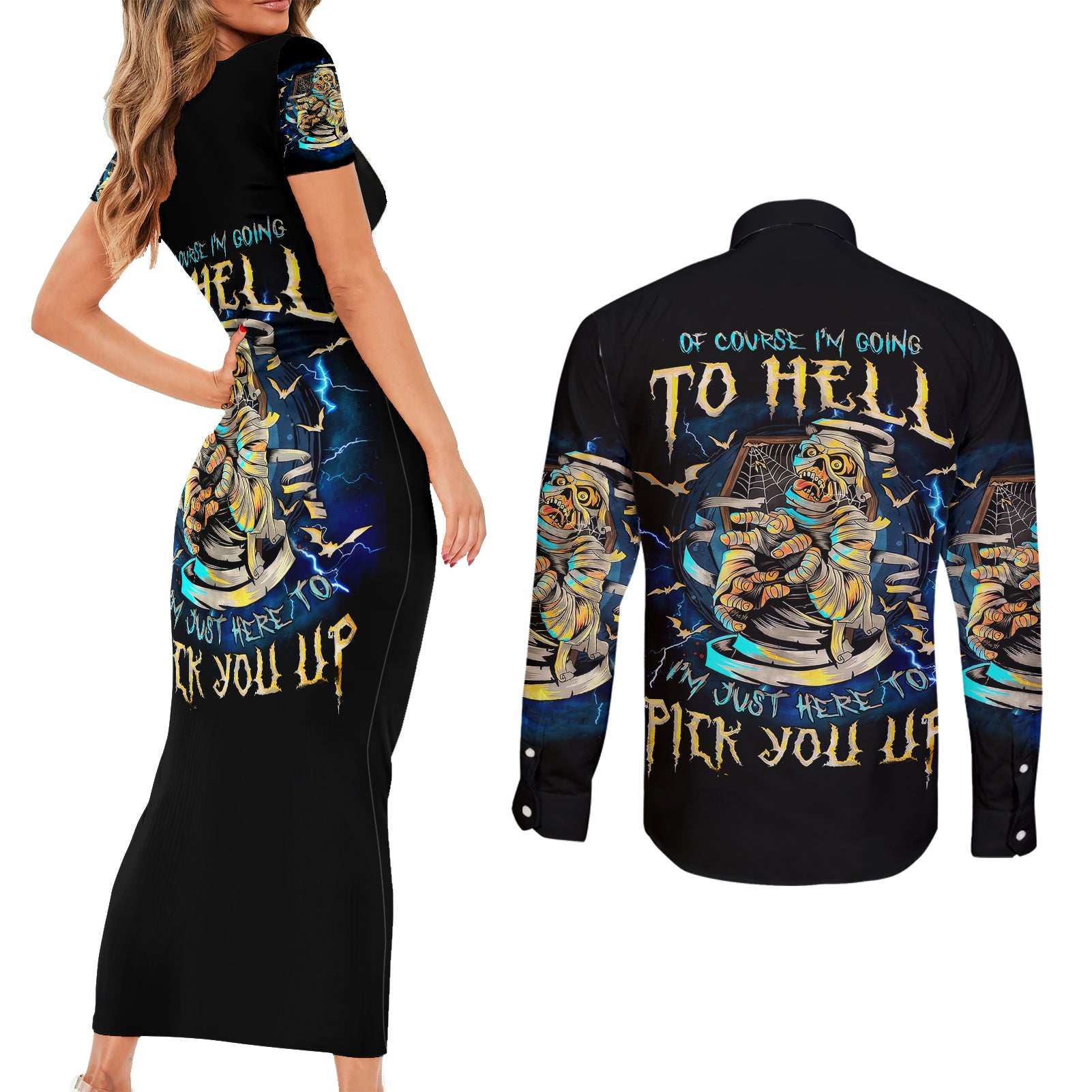 mummy-skull-couples-matching-short-sleeve-bodycon-dress-and-long-sleeve-button-shirts-im-going-to-hell-to-pick-you-up