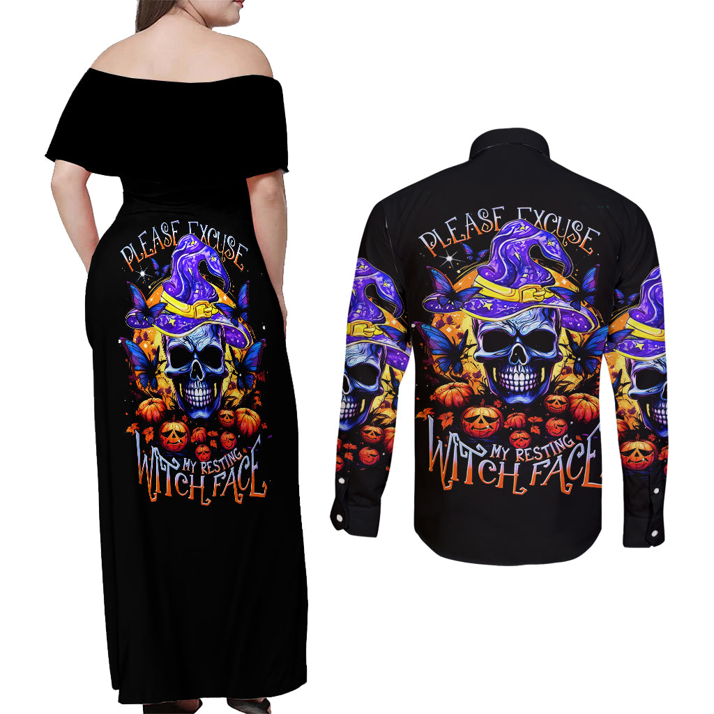 halloween-skull-couples-matching-off-shoulder-maxi-dress-and-long-sleeve-button-shirts-please-excuse-my-resting-witch-face