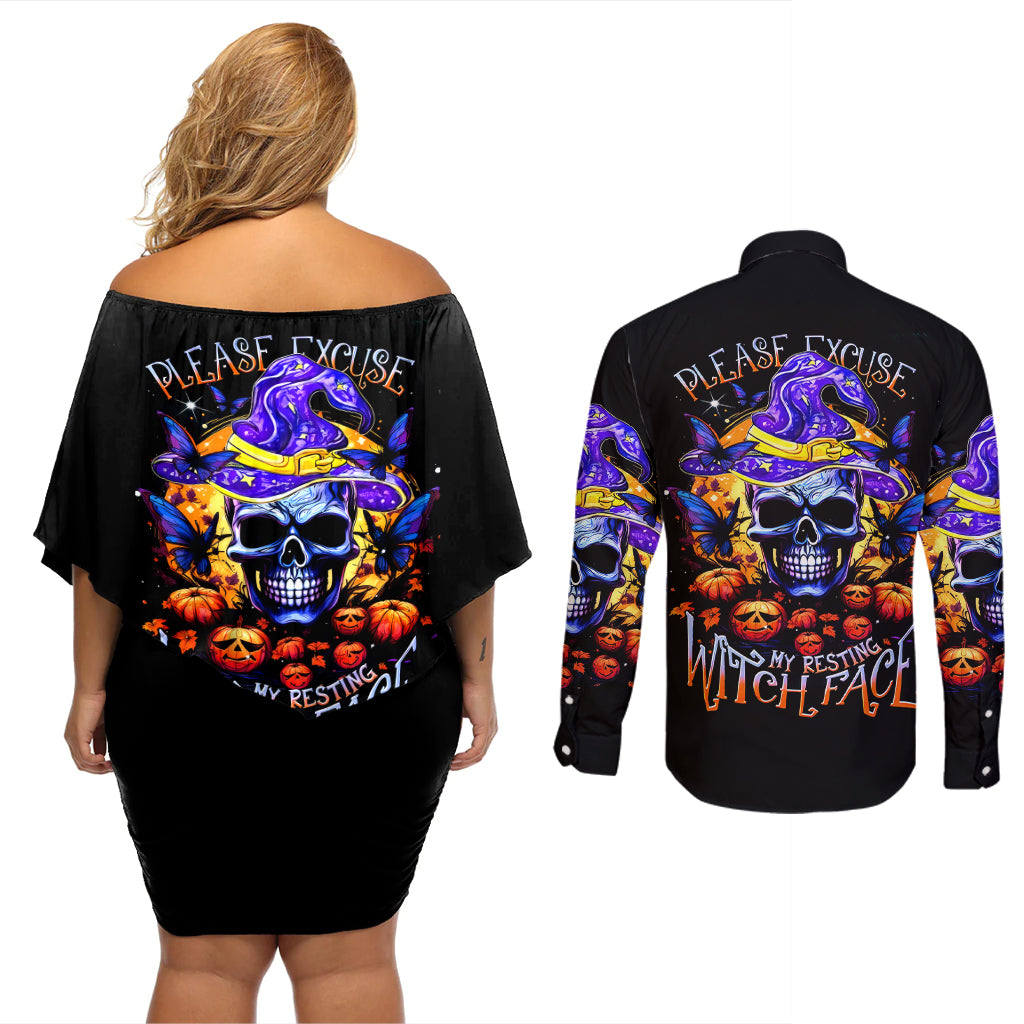 halloween-skull-couples-matching-off-shoulder-short-dress-and-long-sleeve-button-shirts-please-excuse-my-resting-witch-face