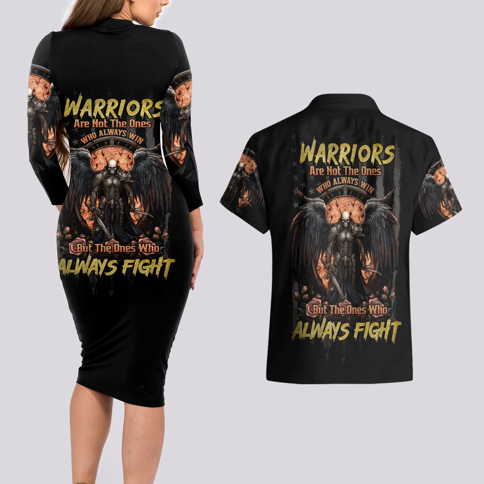 warrior-skull-couples-matching-long-sleeve-bodycon-dress-and-hawaiian-shirt-warriors-are-the-one-who-always-fight