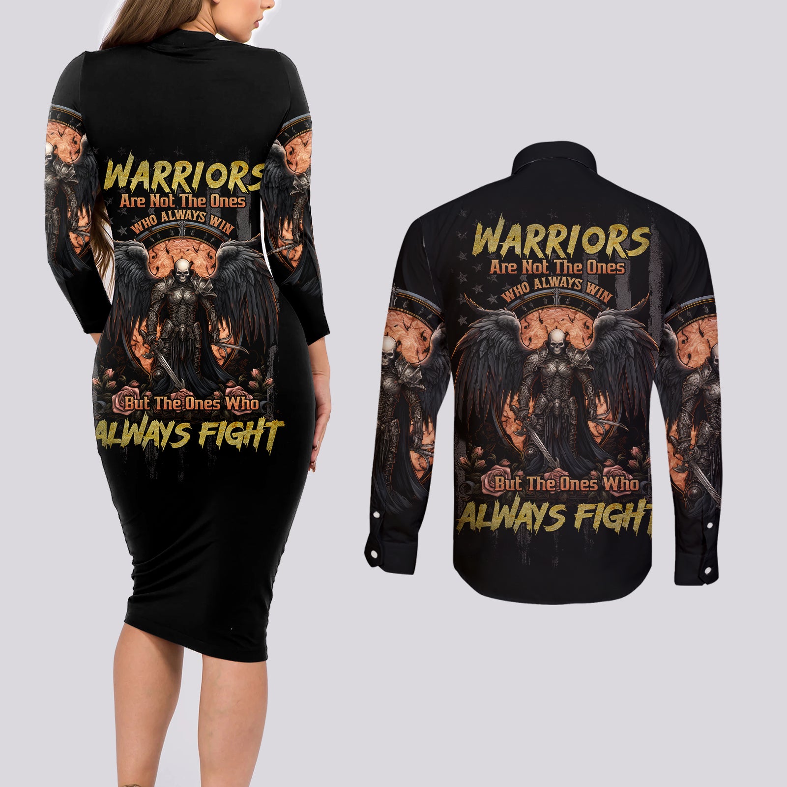 warrior-skull-couples-matching-long-sleeve-bodycon-dress-and-long-sleeve-button-shirts-warriors-are-the-one-who-always-fight