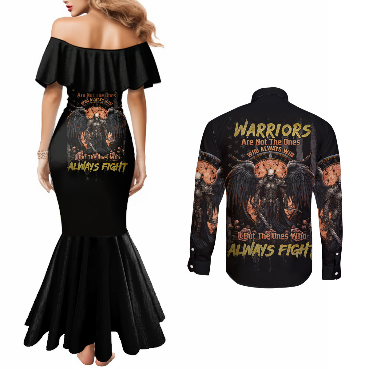 warrior-skull-couples-matching-mermaid-dress-and-long-sleeve-button-shirts-warriors-are-the-one-who-always-fight