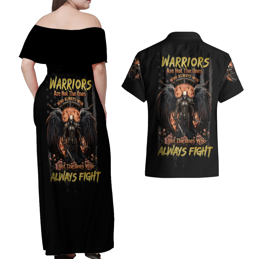 warrior-skull-couples-matching-off-shoulder-maxi-dress-and-hawaiian-shirt-warriors-are-the-one-who-always-fight