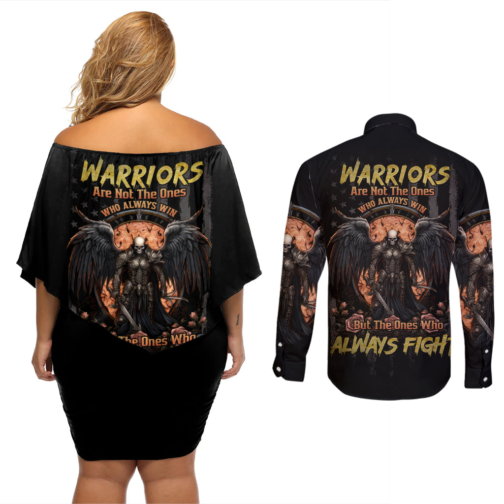 warrior-skull-couples-matching-off-shoulder-short-dress-and-long-sleeve-button-shirts-warriors-are-the-one-who-always-fight