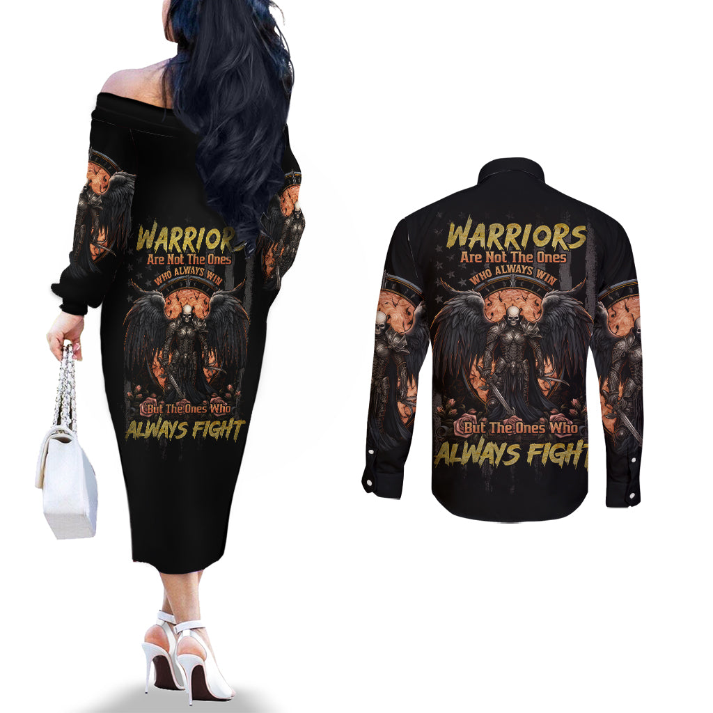 warrior-skull-couples-matching-off-the-shoulder-long-sleeve-dress-and-long-sleeve-button-shirts-warriors-are-the-one-who-always-fight