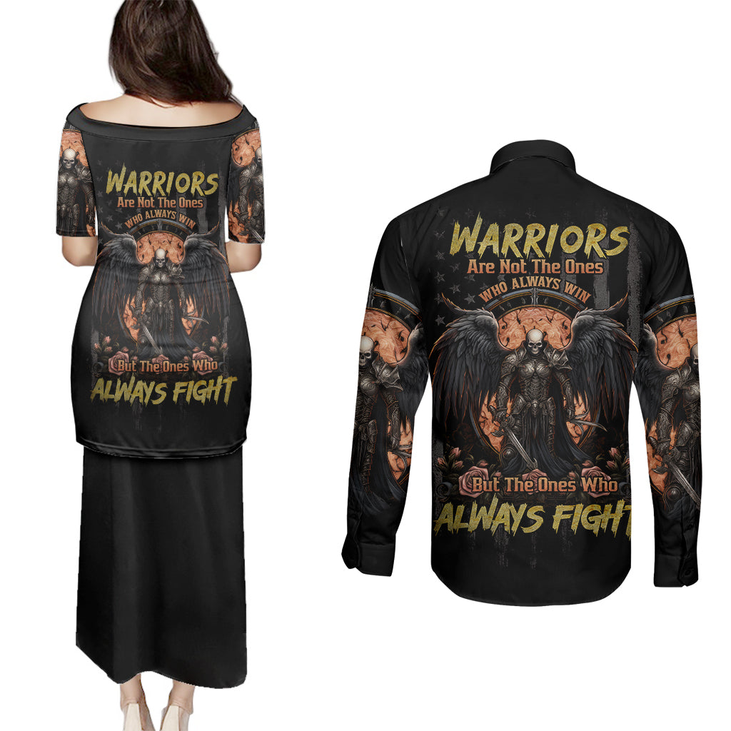 warrior-skull-couples-matching-puletasi-dress-and-long-sleeve-button-shirts-warriors-are-the-one-who-always-fight