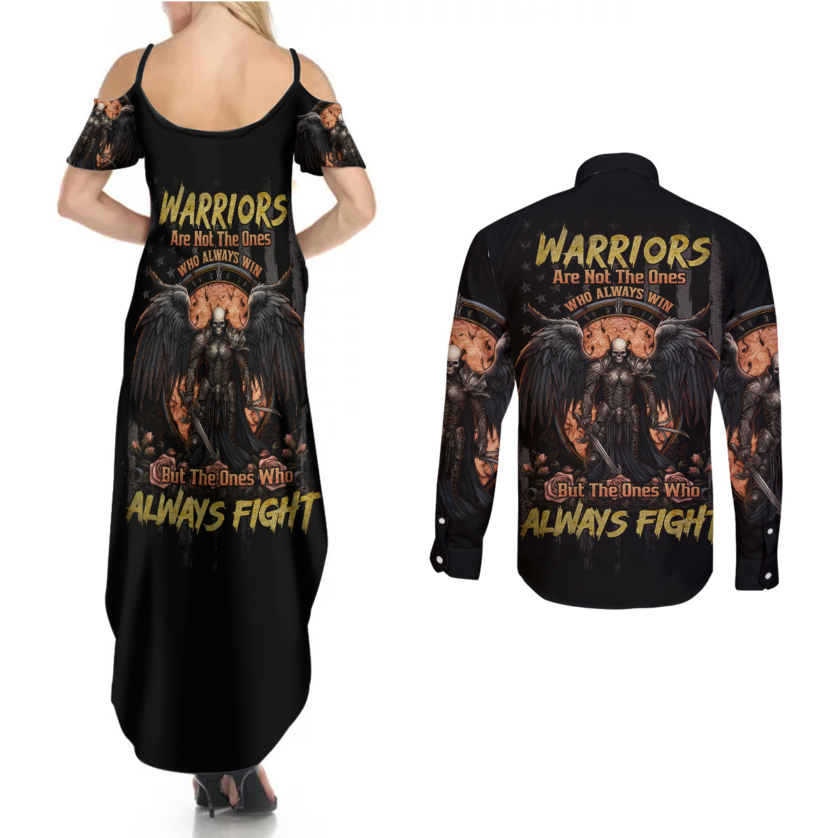 warrior-skull-couples-matching-summer-maxi-dress-and-long-sleeve-button-shirts-warriors-are-the-one-who-always-fight