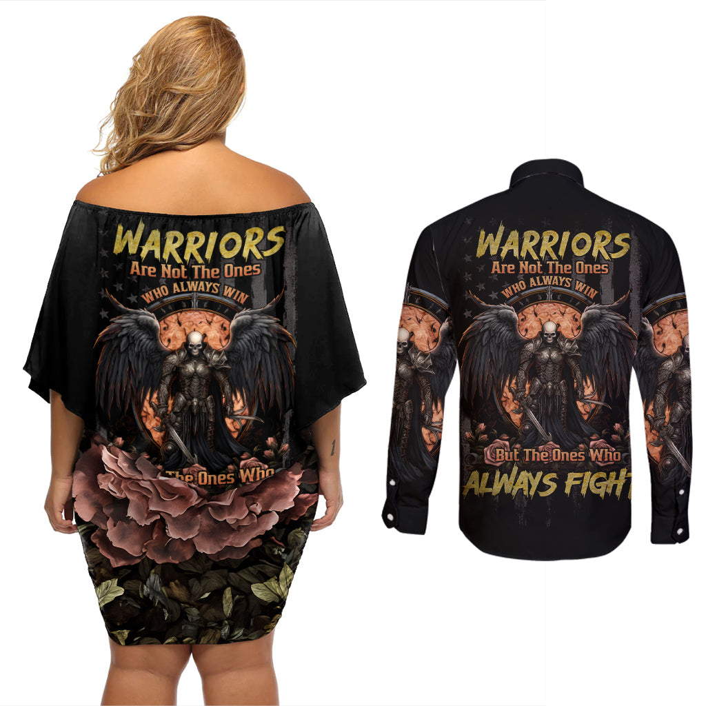 Warrior Skull Couples Matching Off Shoulder Short Dress and Long Sleeve Button Shirt Warriors Are The One Who Always Fight