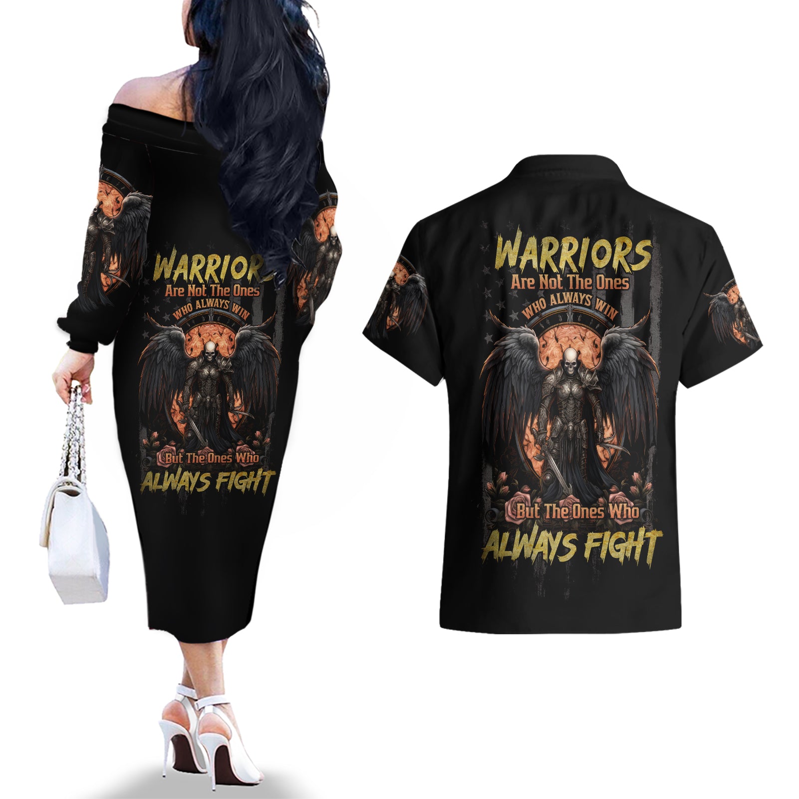 Warrior Skull Couples Matching Off The Shoulder Long Sleeve Dress and Hawaiian Shirt Warriors Are The One Who Always Fight