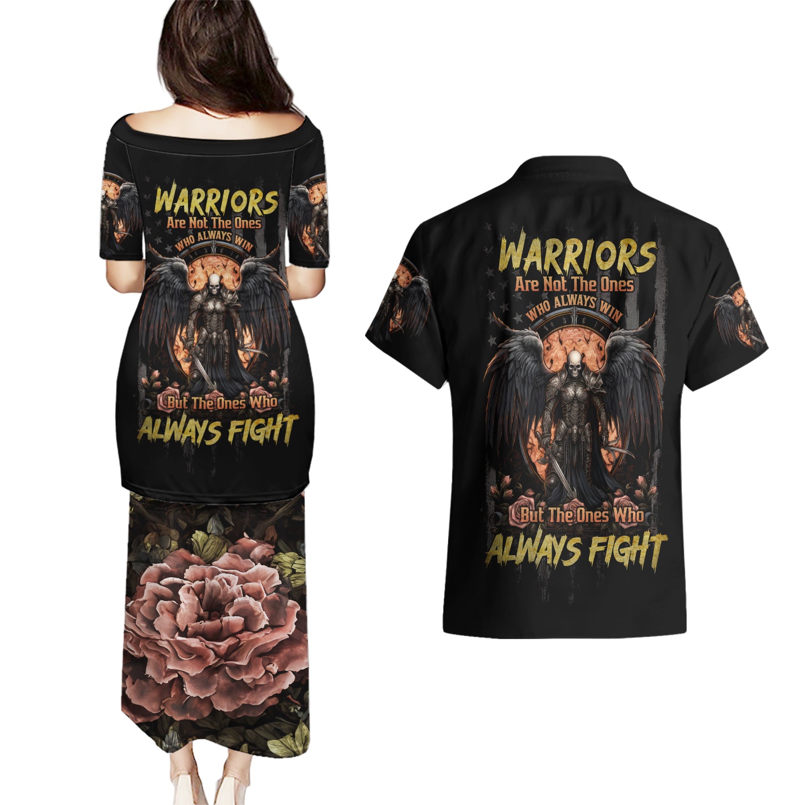 Warrior Skull Couples Matching Puletasi and Hawaiian Shirt Warriors Are The One Who Always Fight