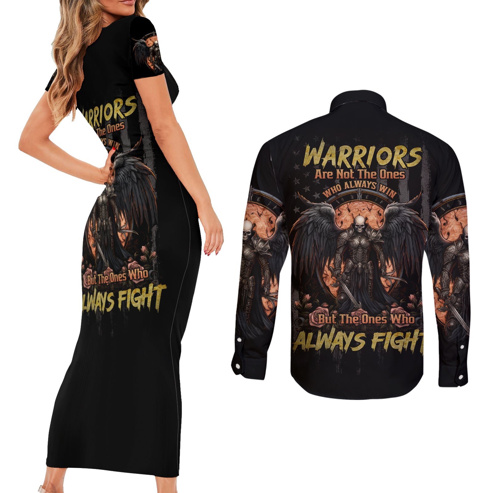 Warrior Skull Couples Matching Short Sleeve Bodycon Dress and Long Sleeve Button Shirt Warriors Are The One Who Always Fight