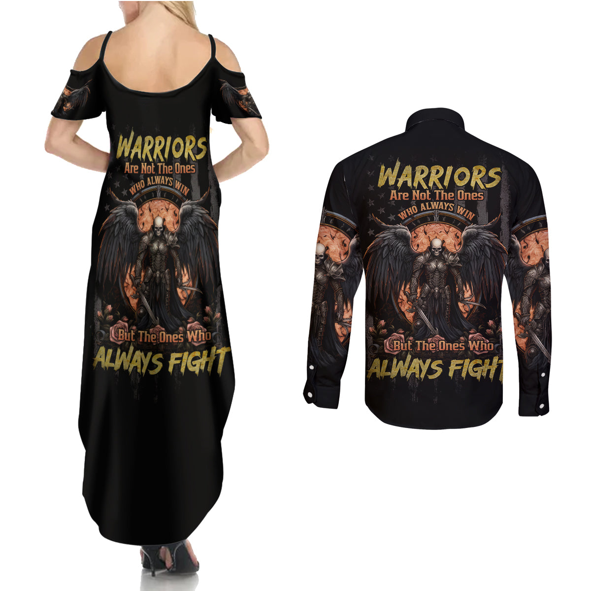 Warrior Skull Couples Matching Summer Maxi Dress and Long Sleeve Button Shirt Warriors Are The One Who Always Fight