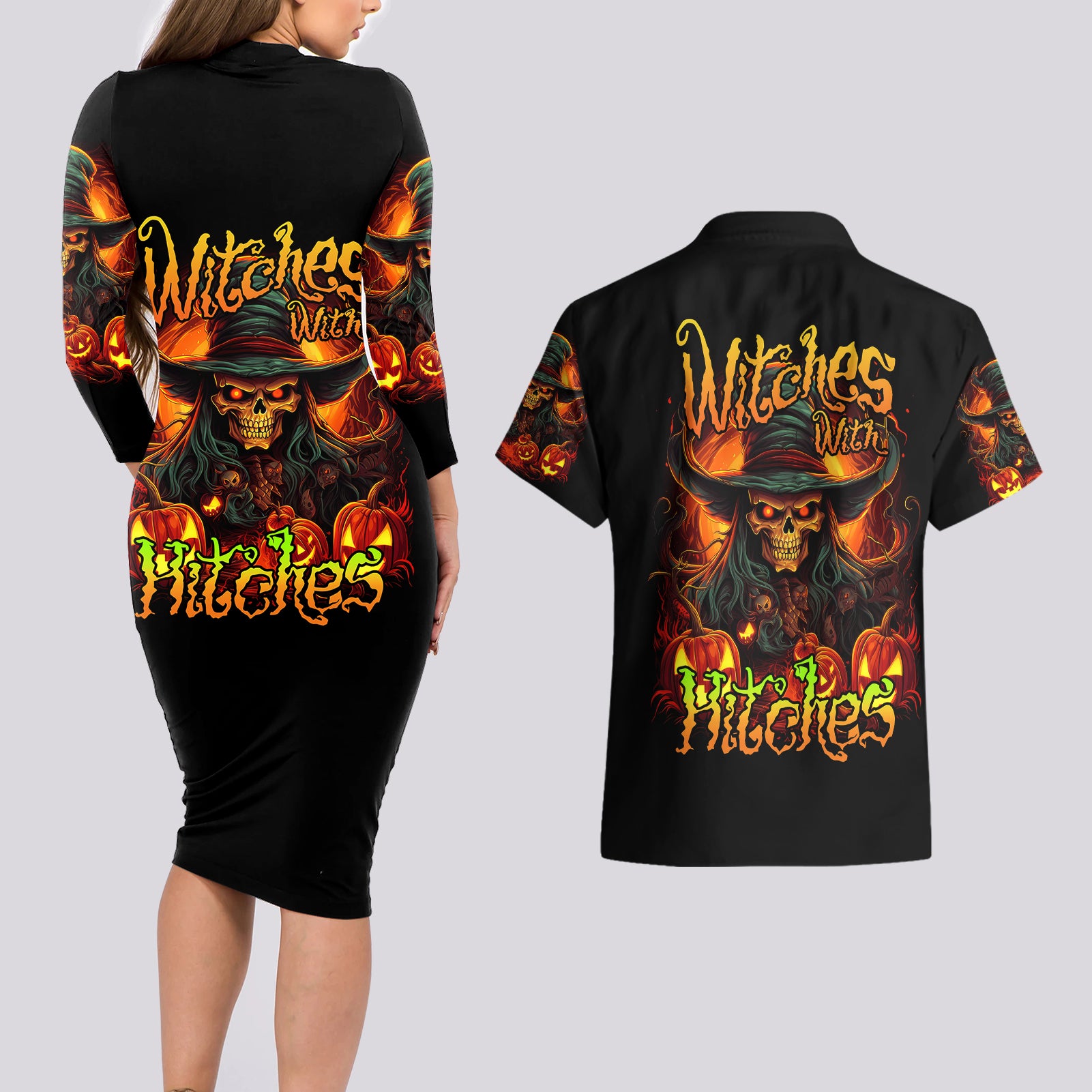 witch-skull-couples-matching-long-sleeve-bodycon-dress-and-hawaiian-shirt-witches-with-hitches