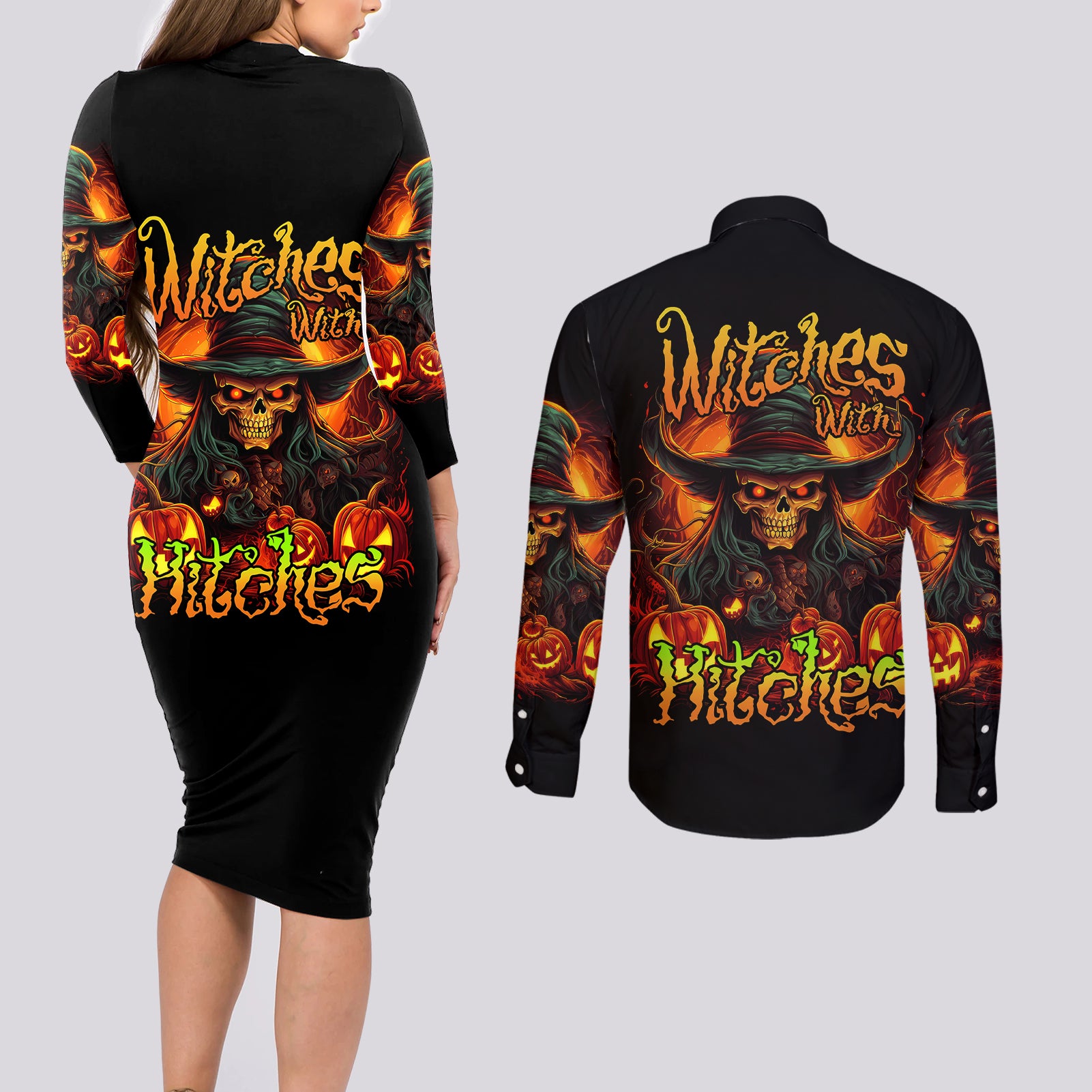 witch-skull-couples-matching-long-sleeve-bodycon-dress-and-long-sleeve-button-shirts-witches-with-hitches