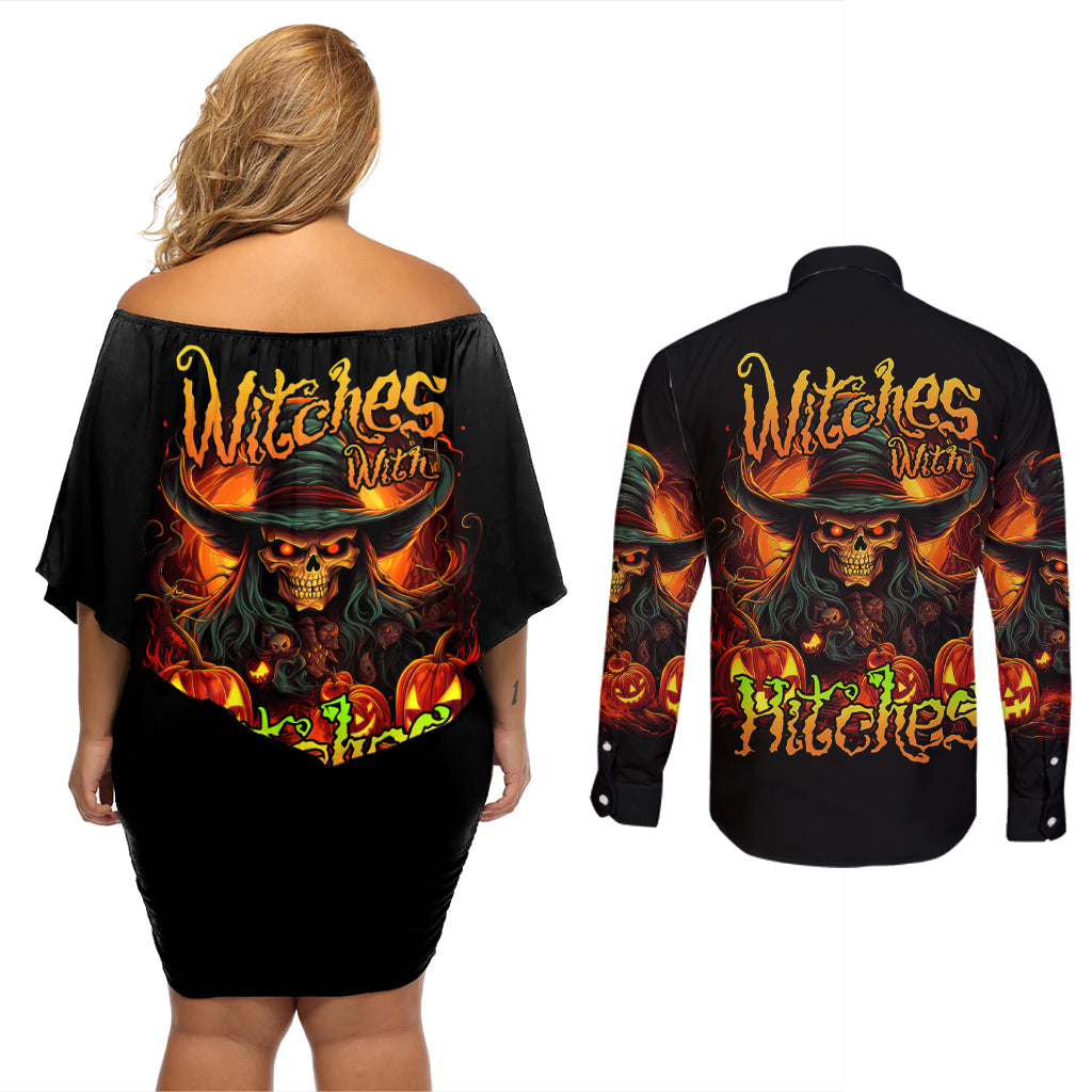 witch-skull-couples-matching-off-shoulder-short-dress-and-long-sleeve-button-shirts-witches-with-hitches