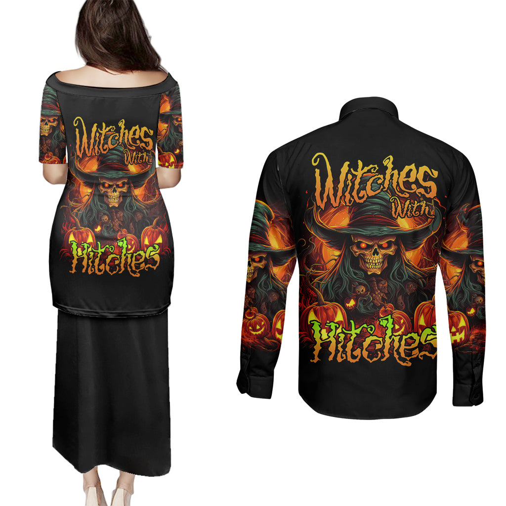 witch-skull-couples-matching-puletasi-dress-and-long-sleeve-button-shirts-witches-with-hitches