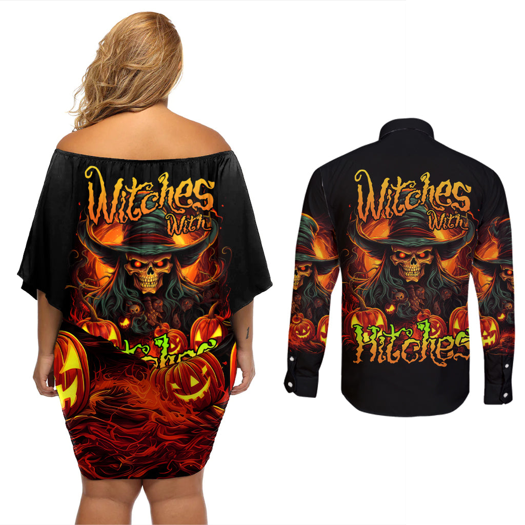 Witch Skull Couples Matching Off Shoulder Short Dress and Long Sleeve Button Shirt Witches With Hitches