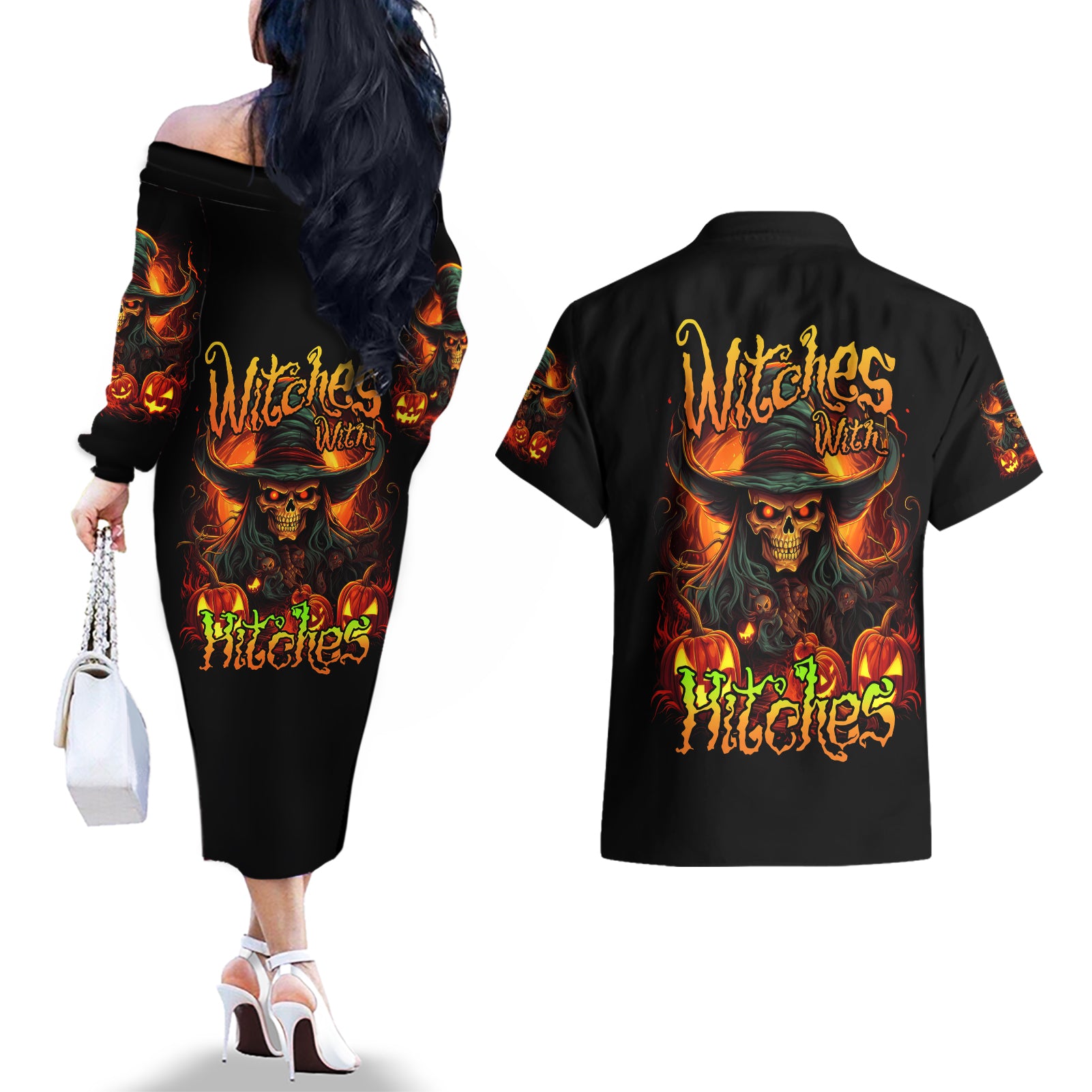 Witch Skull Couples Matching Off The Shoulder Long Sleeve Dress and Hawaiian Shirt Witches With Hitches