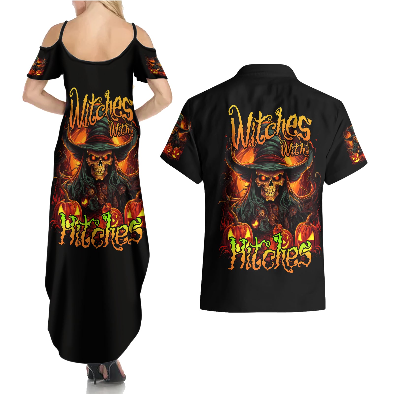 Witch Skull Couples Matching Summer Maxi Dress and Hawaiian Shirt Witches With Hitches