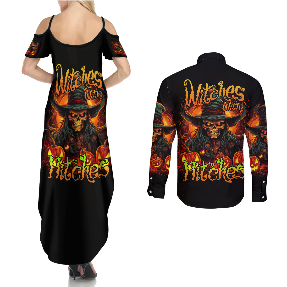 Witch Skull Couples Matching Summer Maxi Dress and Long Sleeve Button Shirt Witches With Hitches