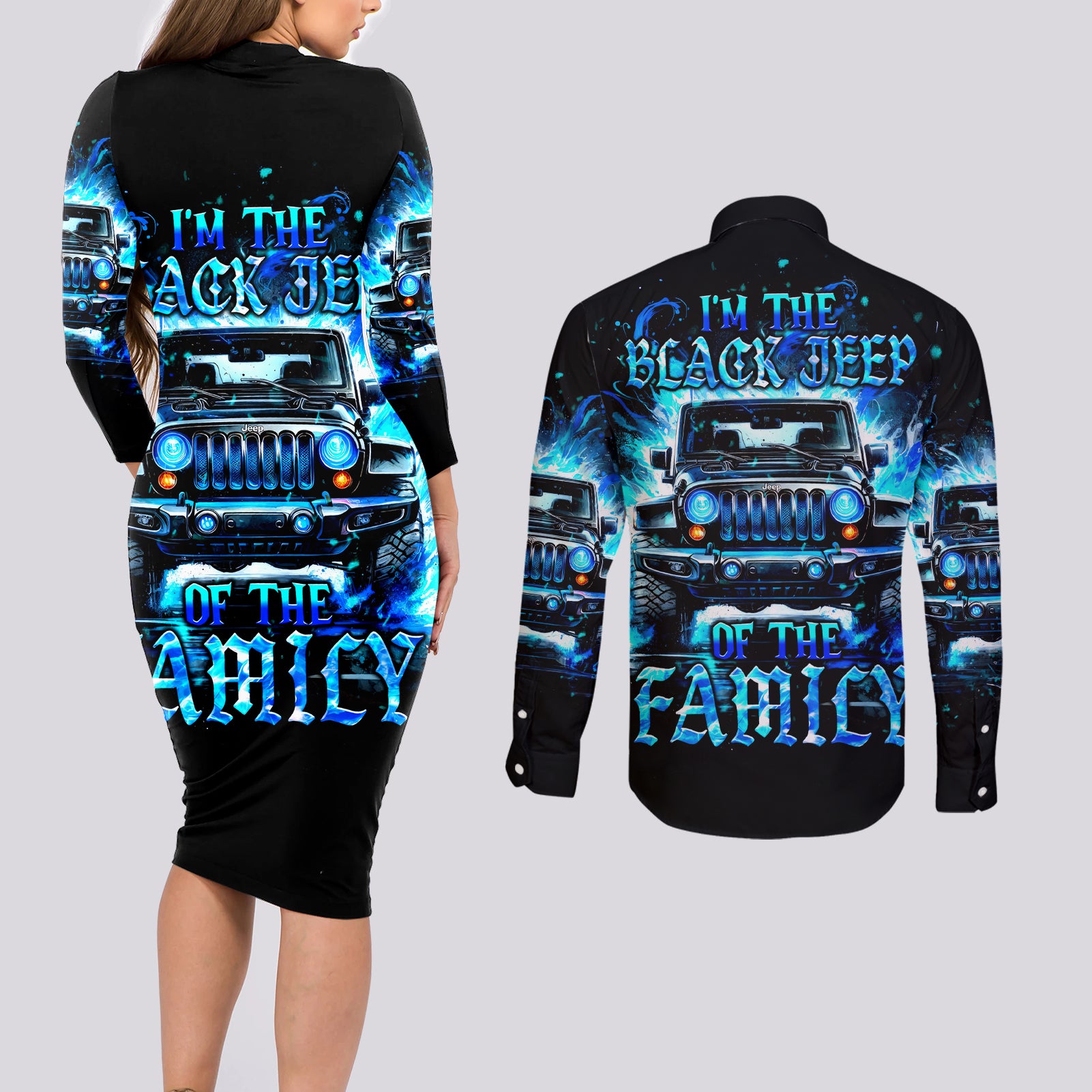 Flame Jeep Couples Matching Long Sleeve Bodycon Dress and Long Sleeve Button Shirt I'm The Black Jeep Of The Family