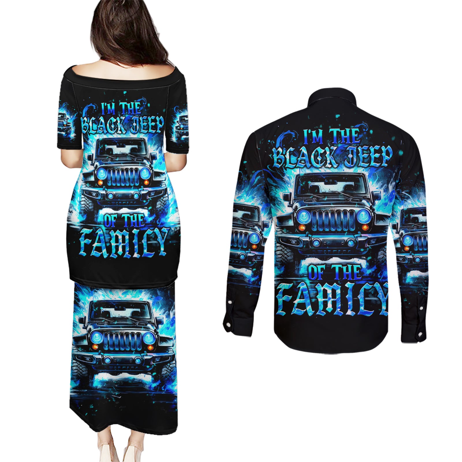 Flame Jeep Couples Matching Puletasi and Long Sleeve Button Shirt I'm The Black Jeep Of The Family