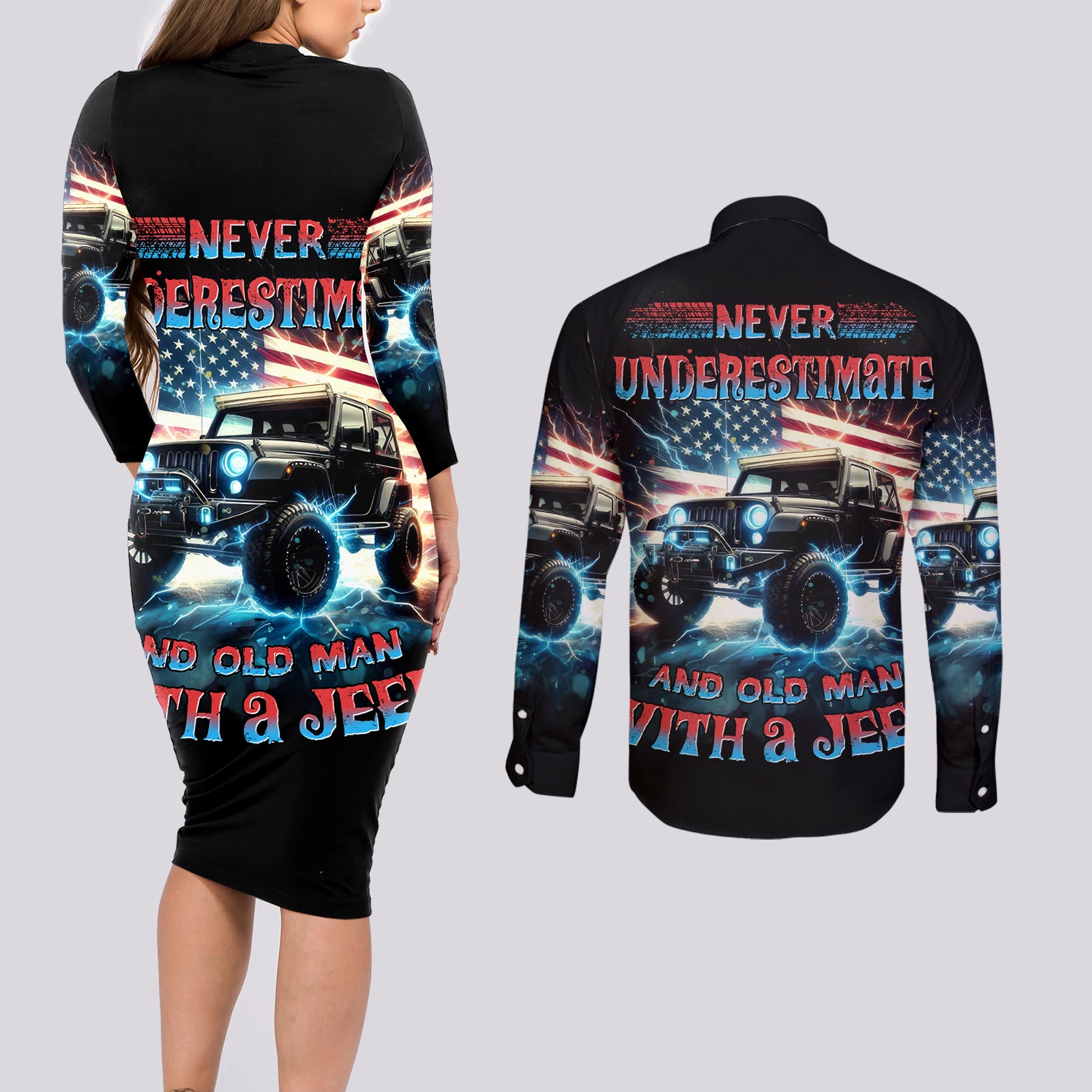 Flag Jeep Couples Matching Long Sleeve Bodycon Dress and Long Sleeve Button Shirt Never Underestimate And Old Man With A Jeep