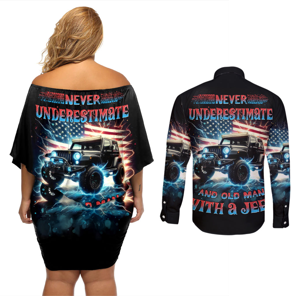 Flag Jeep Couples Matching Off Shoulder Short Dress and Long Sleeve Button Shirt Never Underestimate And Old Man With A Jeep