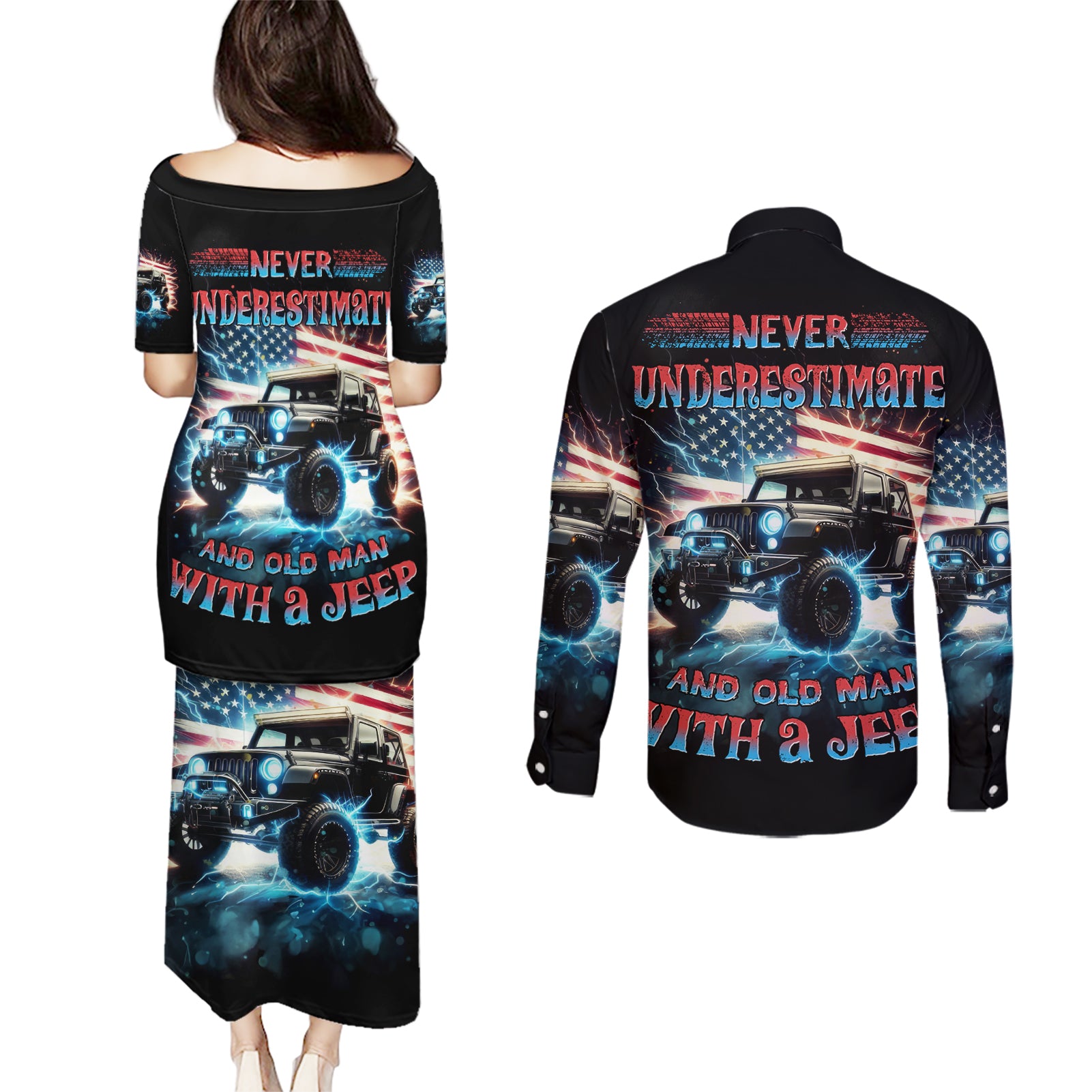 Flag Jeep Couples Matching Puletasi and Long Sleeve Button Shirt Never Underestimate And Old Man With A Jeep