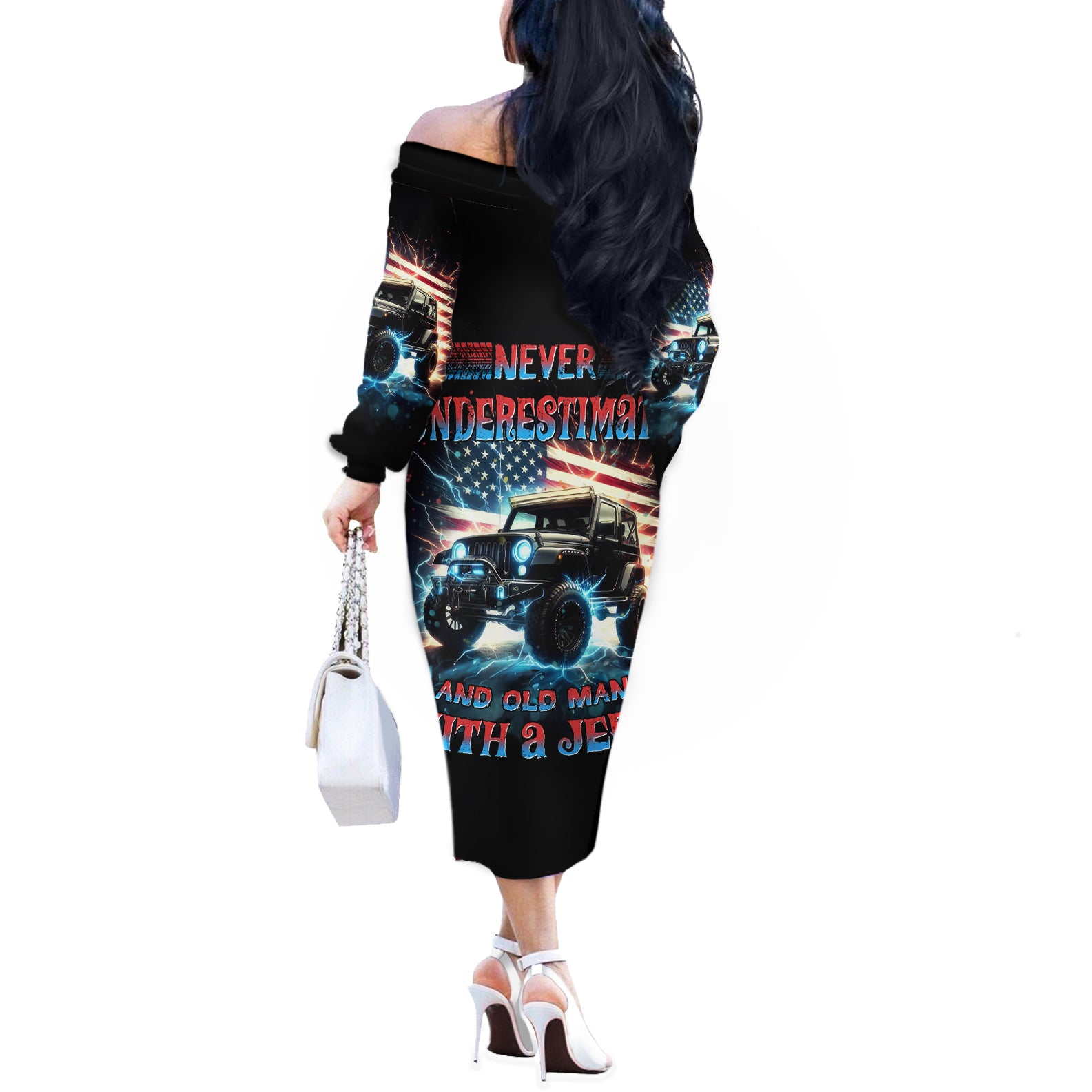 Flag Jeep Off The Shoulder Long Sleeve Dress Never Underestimate And Old Man With A Jeep