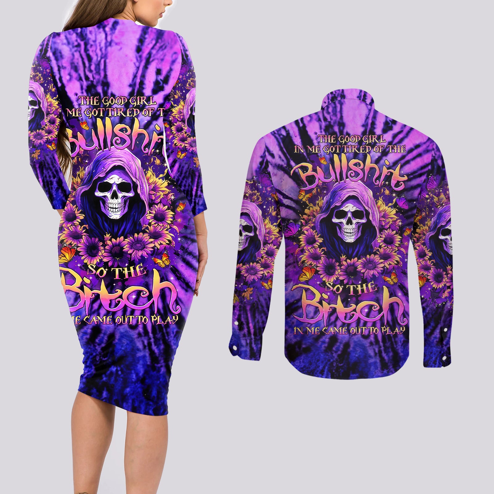 Sunflower Skull Couples Matching Long Sleeve Bodycon Dress and Long Sleeve Button Shirt The Good Girl In Me Got Tired Of The Bullshit