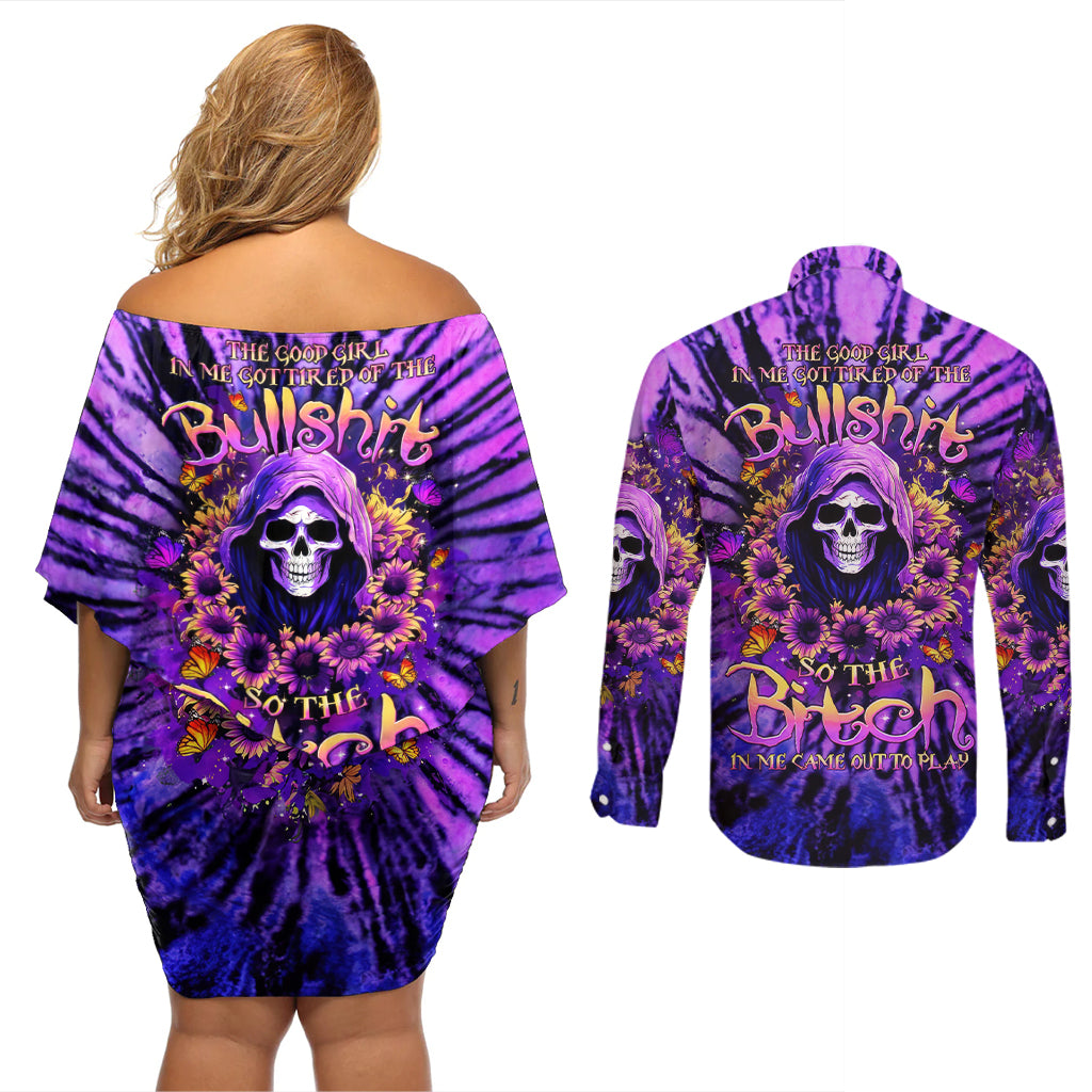 Sunflower Skull Couples Matching Off Shoulder Short Dress and Long Sleeve Button Shirt The Good Girl In Me Got Tired Of The Bullshit