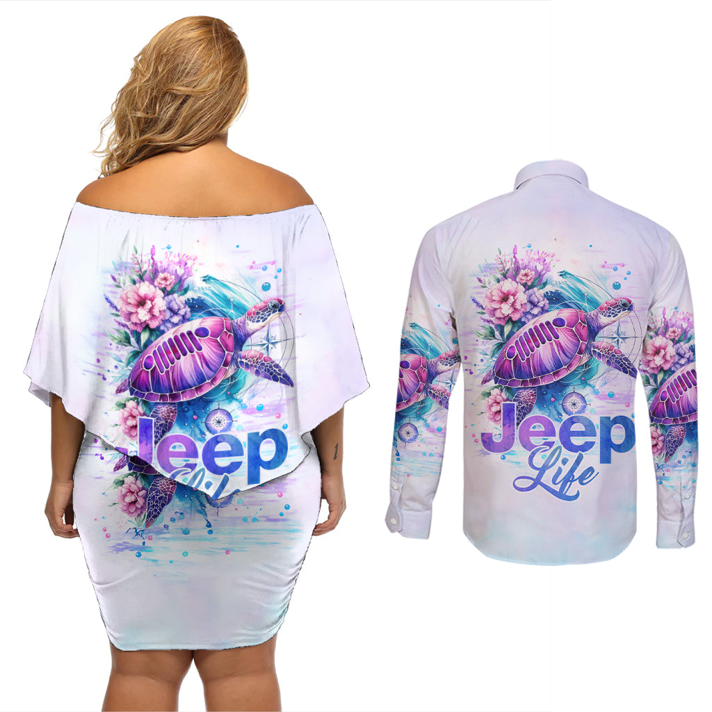 Jeep Life Couples Matching Off Shoulder Short Dress and Long Sleeve Button Shirt Sea Turtle Jeep