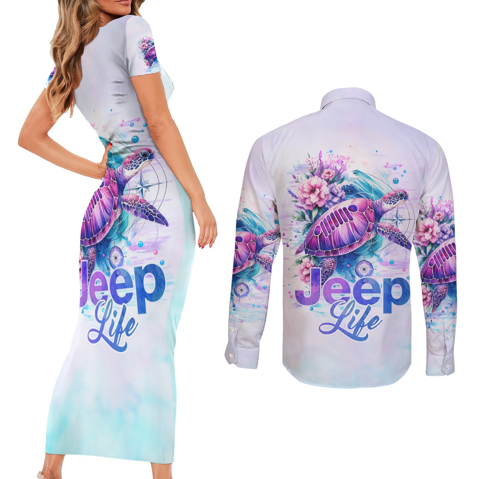 Jeep Life Couples Matching Short Sleeve Bodycon Dress and Long Sleeve Button Shirt Sea Turtle Jeep