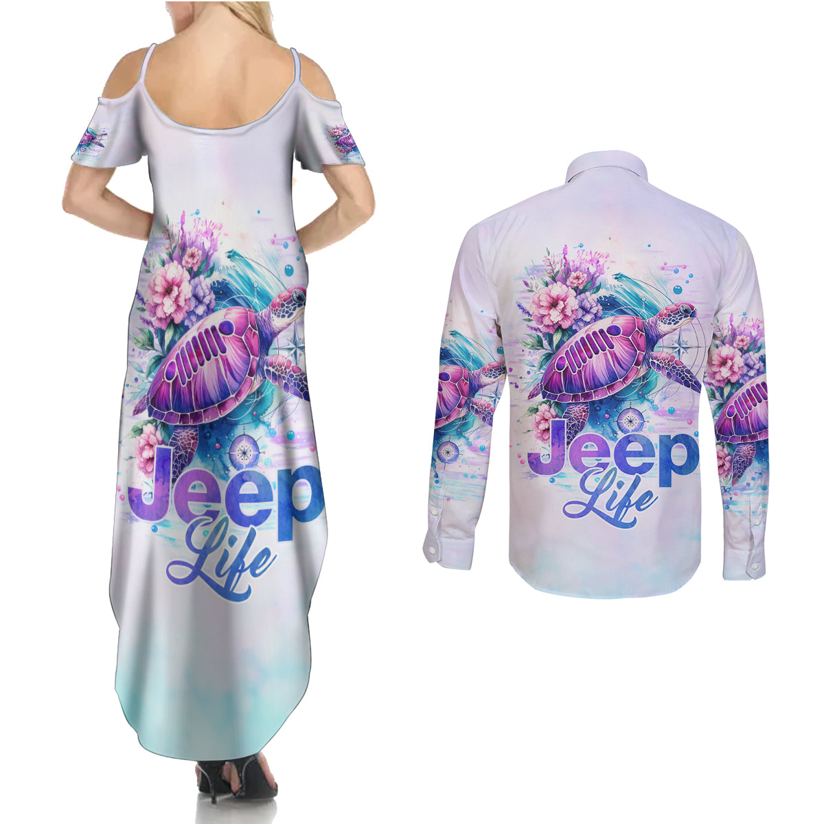 Jeep Life Couples Matching Summer Maxi Dress and Long Sleeve Button Shirt Sea Turtle Jeep