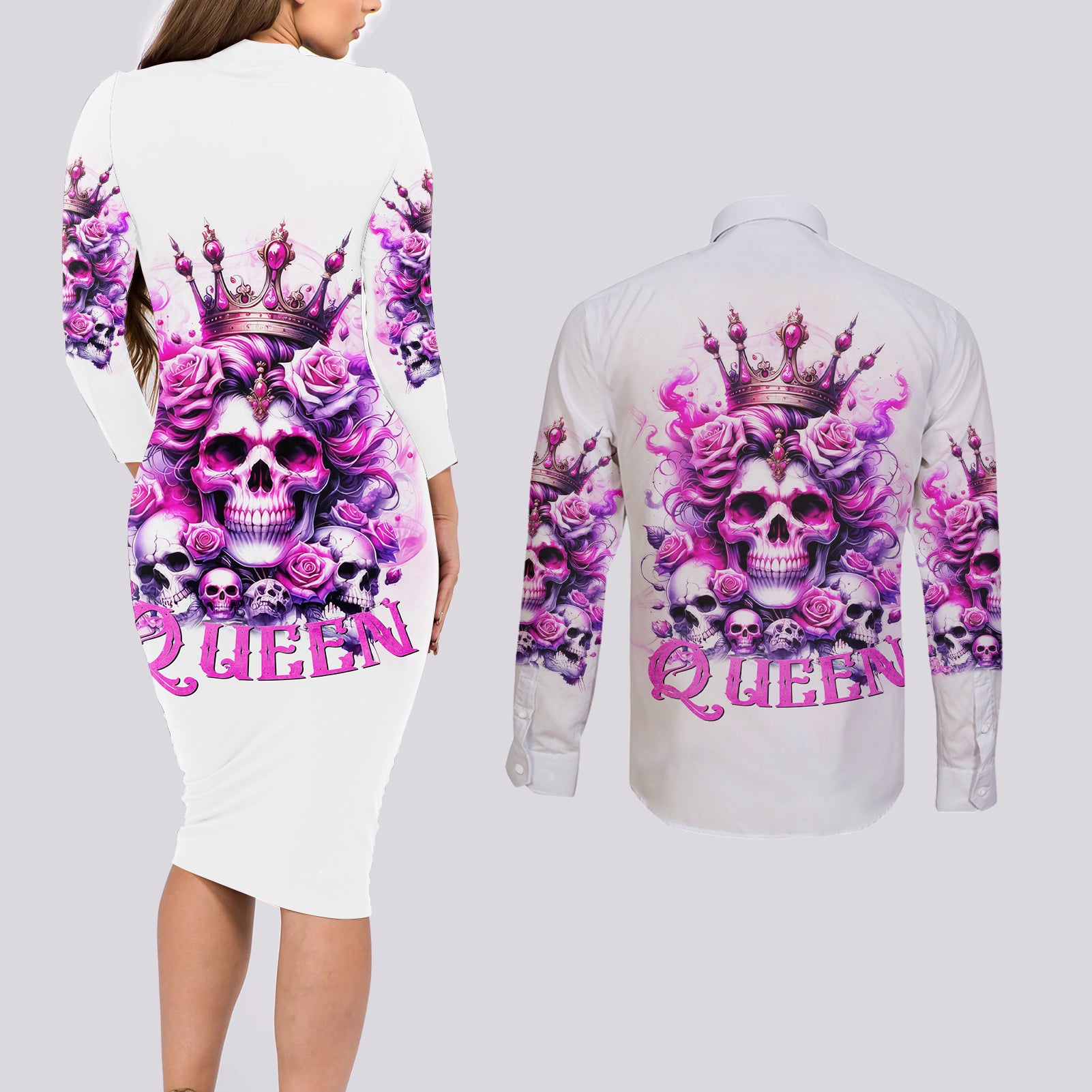 Rose Skull Couples Matching Long Sleeve Bodycon Dress and Long Sleeve Button Shirt Queen Skull