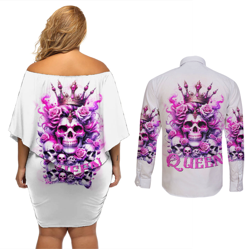 Rose Skull Couples Matching Off Shoulder Short Dress and Long Sleeve Button Shirt Queen Skull