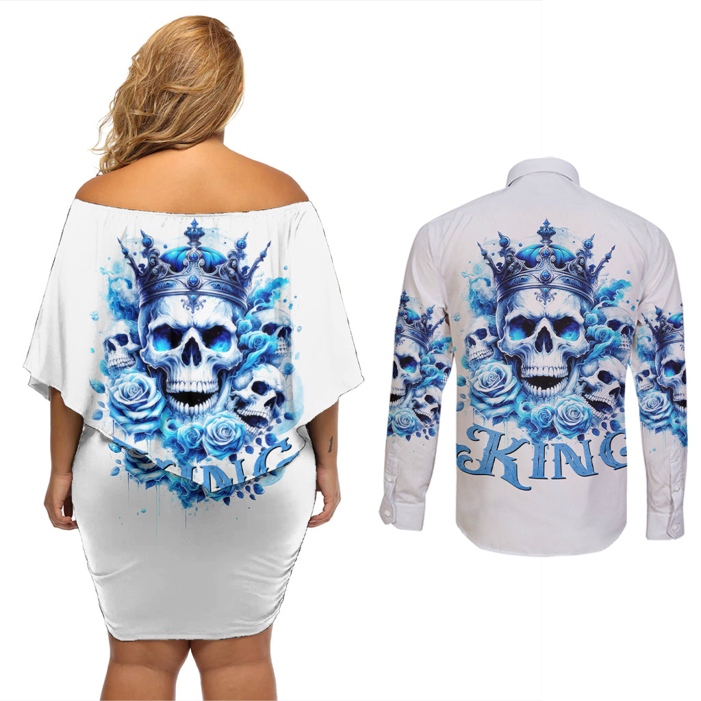 Rose Skull Couples Matching Off Shoulder Short Dress and Long Sleeve Button Shirt King Skull