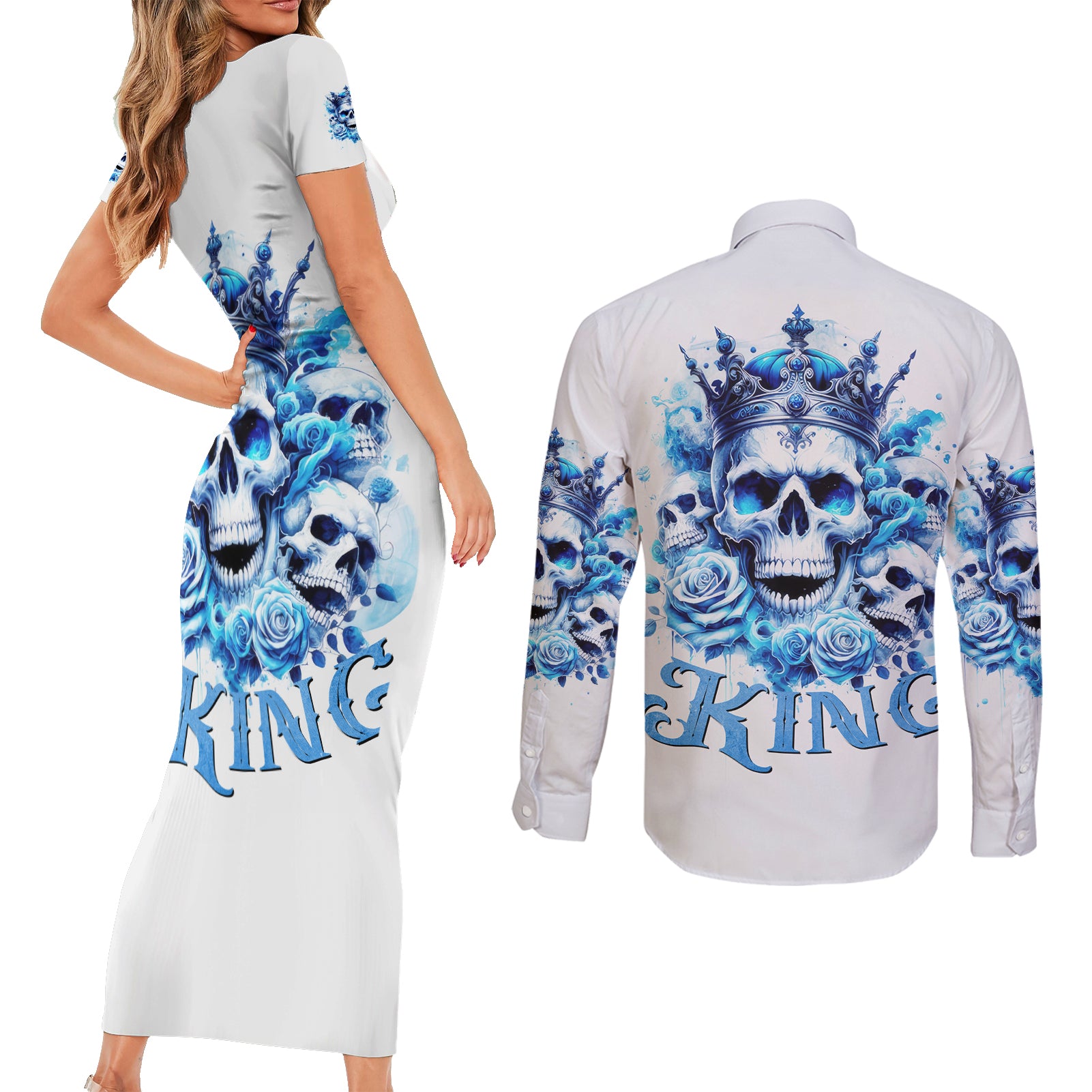 Rose Skull Couples Matching Short Sleeve Bodycon Dress and Long Sleeve Button Shirt King Skull