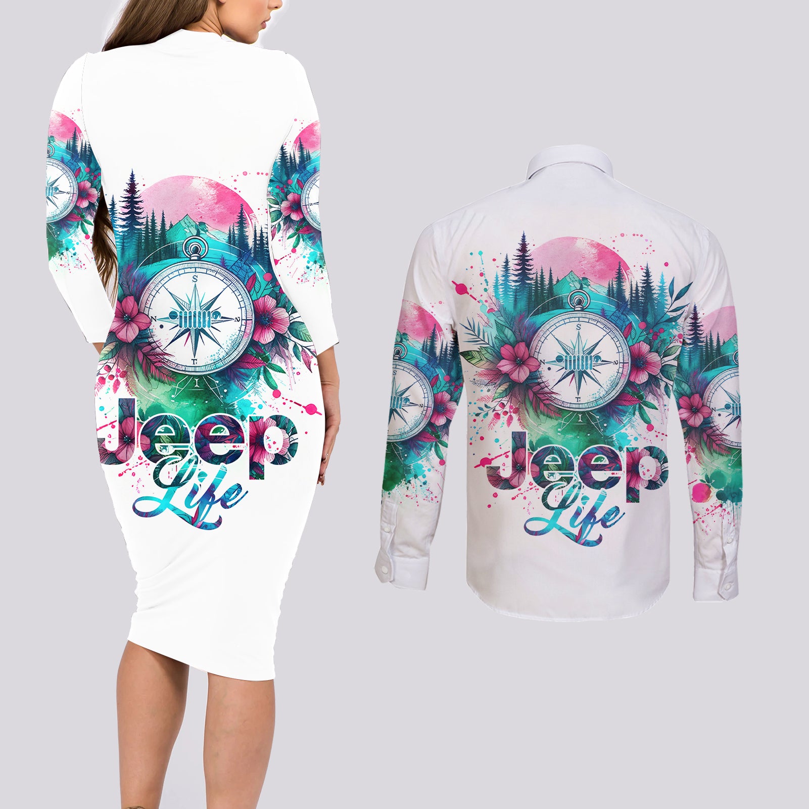 Jeep Life Couples Matching Long Sleeve Bodycon Dress and Long Sleeve Button Shirt Forest Jeep