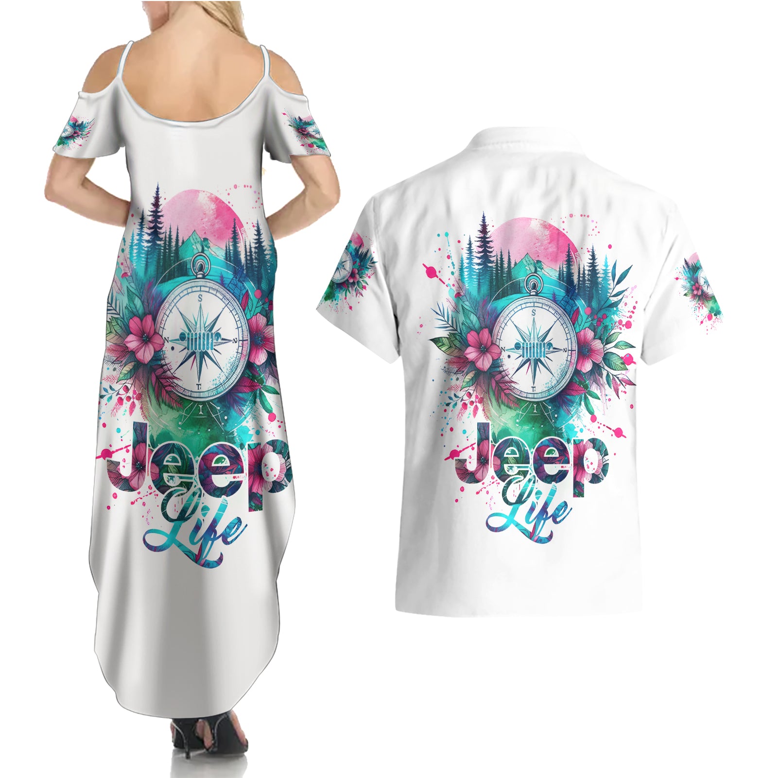 Jeep Life Couples Matching Summer Maxi Dress and Hawaiian Shirt Forest Jeep