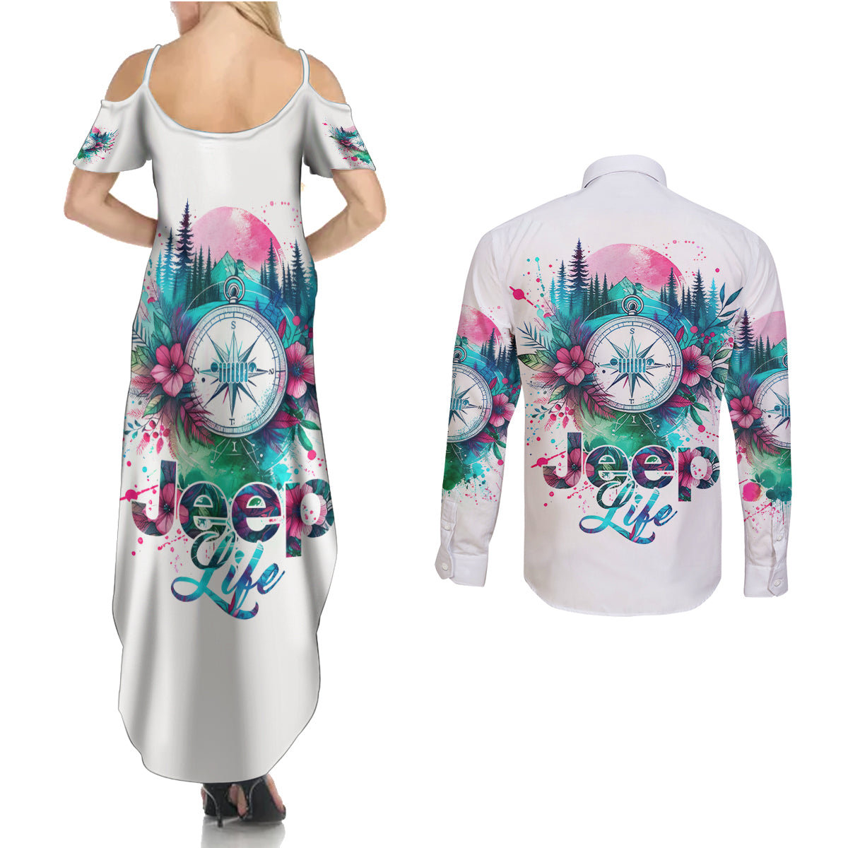 Jeep Life Couples Matching Summer Maxi Dress and Long Sleeve Button Shirt Forest Jeep