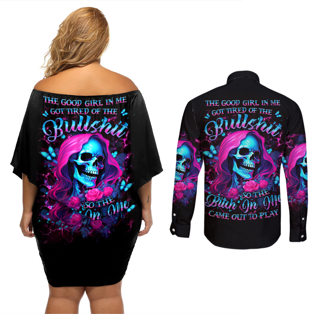 Witch Skull Couples Matching Off Shoulder Short Dress and Long Sleeve Button Shirt The Good Girl In Me Got Tired Of The Bullshit