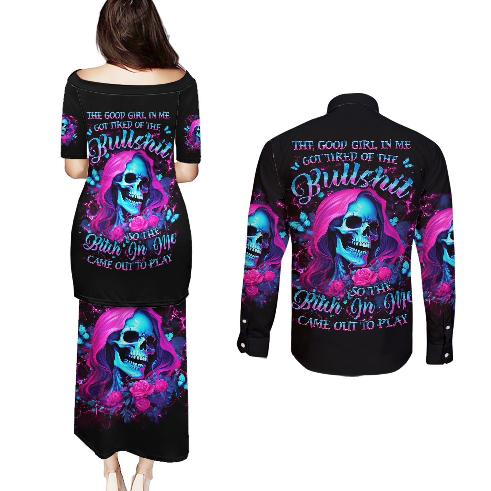 Witch Skull Couples Matching Puletasi and Long Sleeve Button Shirt The Good Girl In Me Got Tired Of The Bullshit