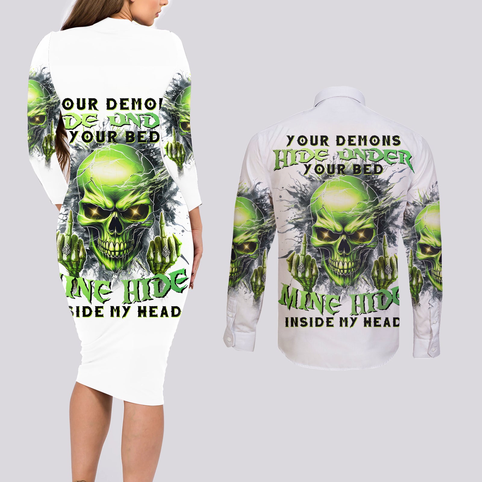 Thunder Skull Couples Matching Long Sleeve Bodycon Dress and Long Sleeve Button Shirt The Demon Hide Under Your Bed Mine Hide Inside My Head