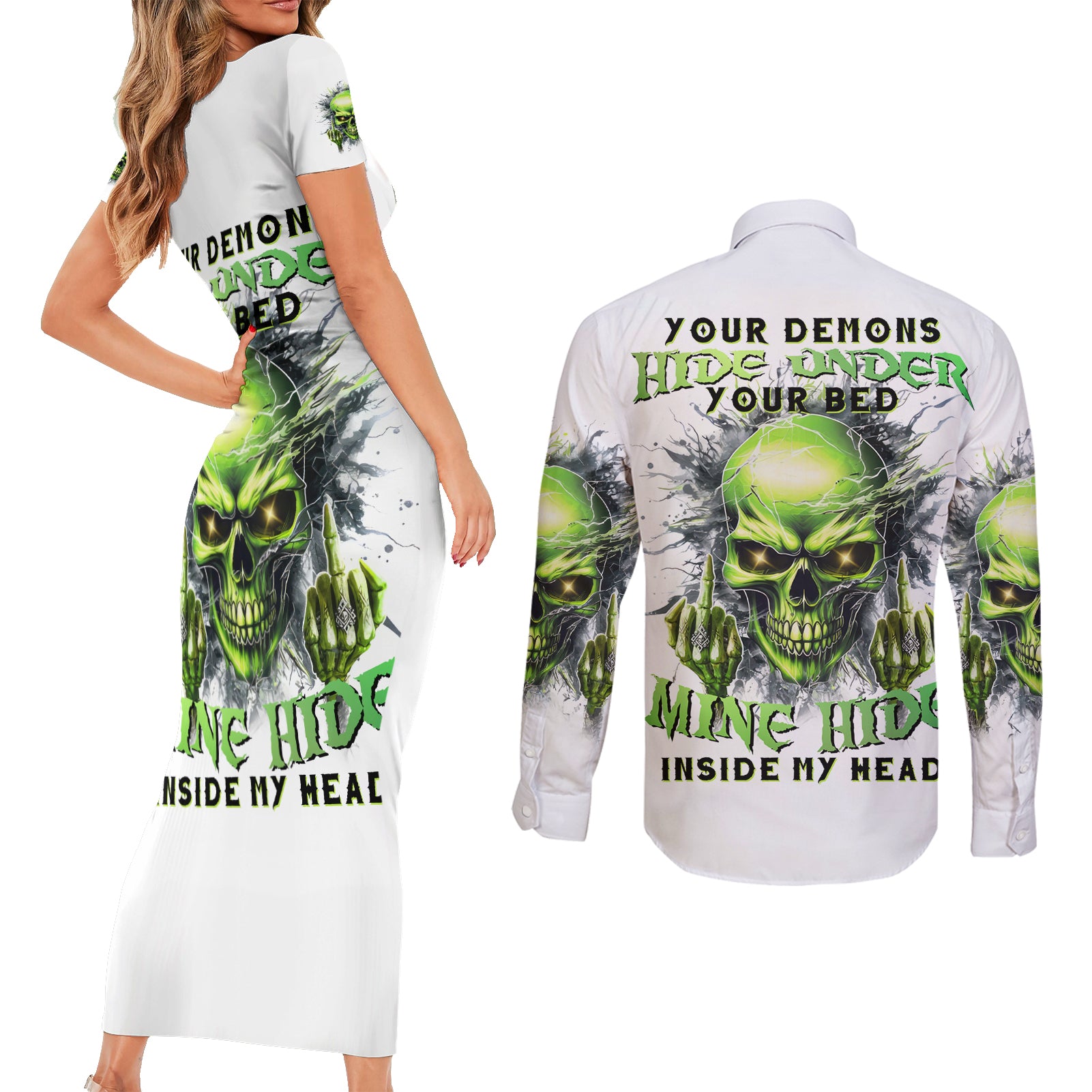 Thunder Skull Couples Matching Short Sleeve Bodycon Dress and Long Sleeve Button Shirt The Demon Hide Under Your Bed Mine Hide Inside My Head