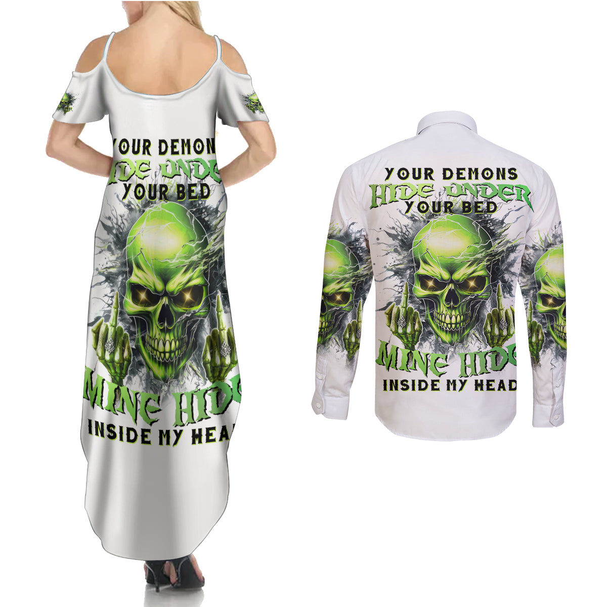 Thunder Skull Couples Matching Summer Maxi Dress and Long Sleeve Button Shirt The Demon Hide Under Your Bed Mine Hide Inside My Head